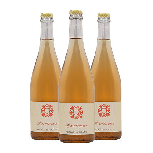 three bottles of Poggio delle Grazie ancestral method frizzante rosè wine