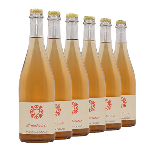six bottles of Poggio delle Grazie ancestral method frizzante rosè wine