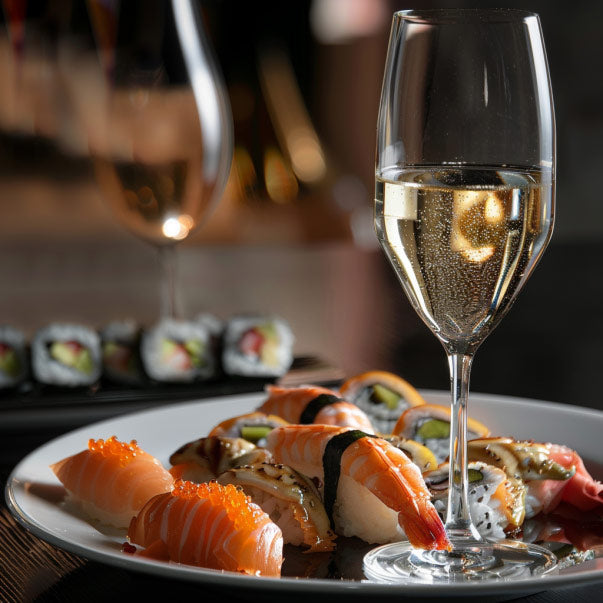 a-glass-of-durello-next-to-a-plate-of-sushi