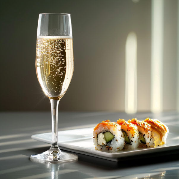 a-glass-of-durello-next-to-a-plate-of-sushi