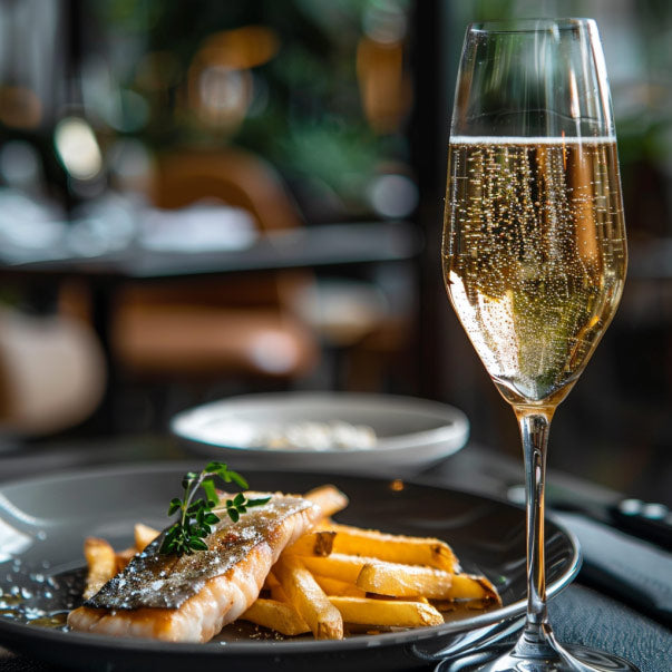 a-glass-of-duello-next-to-a-dish-of-fried-salmon-and-chips
