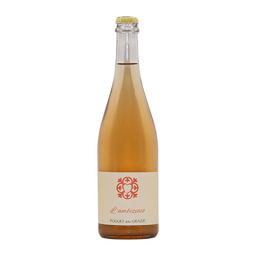 A bottle of Poggio delle Grazie ancestral method frizzante rosè wine