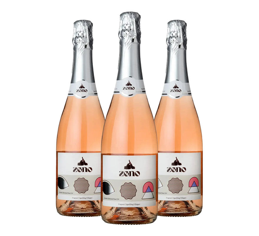 Three bottles of Zeno, Alcohol Free, Rosé Sparkling Wine