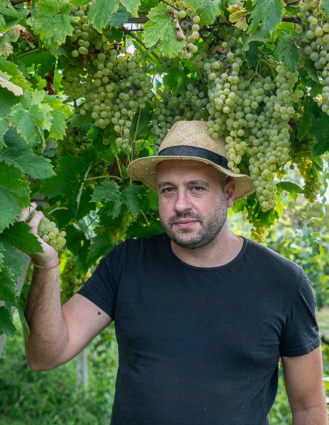 Zambon Vulcano Winery: Federico with centenarian Garganega vine